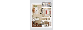 A top-down view of a well-organized kitchen and dining area.