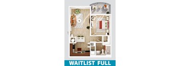 A top-down view of a small apartment with a living room, kitchen, and bathroom.