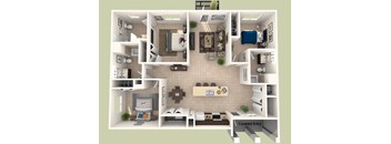 A 3D rendered image of a house layout.