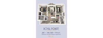 A floor plan of a 2 bedroom, 2 bathroom apartment that is 997 square feet.