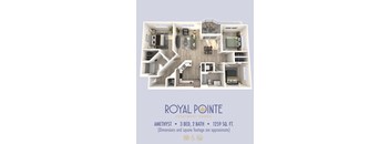 A floor plan of a 3 bedroom, 2 bathroom apartment that is 1259 square feet.
