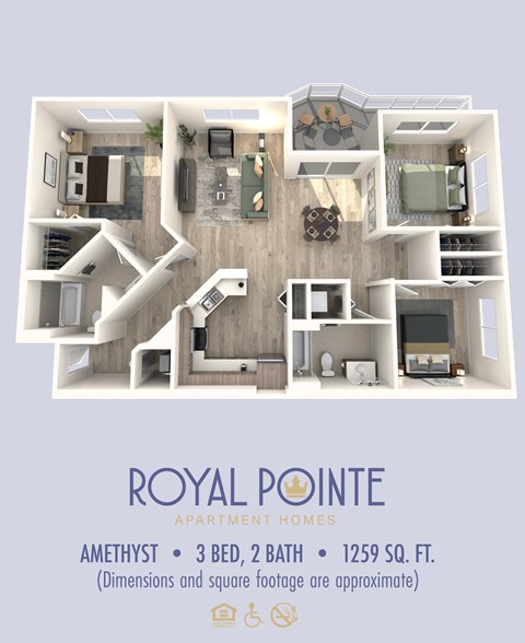 A floor plan of a 3 bedroom, 2 bathroom apartment that is 1259 square feet.