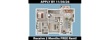 A poster advertising a 2 months free rent offer with a floor plan of a house.