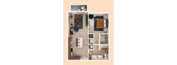 A top-down view of a well-organized apartment with a kitchen, living room, and bathroom.