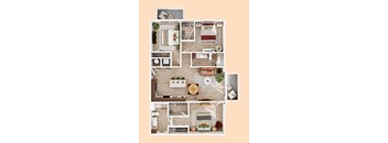 A top-down view of a small apartment layout with a kitchen, living room, and bedroom.