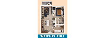 A floor plan of a small apartment with a kitchen, living room, and bathroom.
