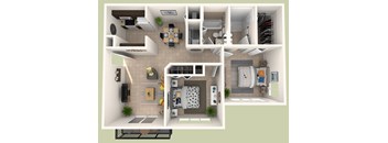 A 3D floor plan of a small apartment with a kitchen, living room, and bedroom.