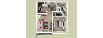 A 3D floor plan of a small apartment with a kitchen, living room, and bathroom.
