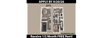 Apartment layout with a kitchen, living room, and bathroom.