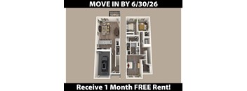 A floor plan of an apartment with a kitchen, living room, and bathroom is displayed along with an offer for a free one month rent.