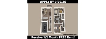 Apartment layout with a kitchen, living room, and bathroom.