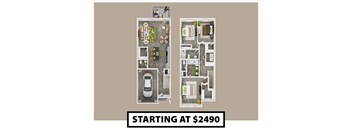 A floor plan of an apartment with a kitchen, living room, and bathroom, starting at $2490.