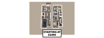 A floor plan of an apartment with the text "STARTING AT $2490" displayed.