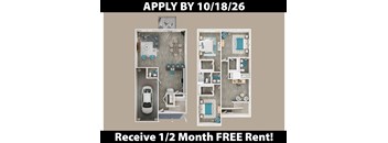 Apartment layout with a car and a free rent offer.