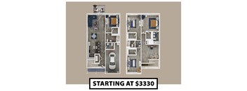 A floor plan of an apartment with a car parked in the garage and a price tag of $3330.