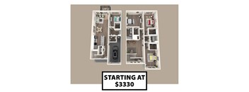 A floor plan of an apartment with the text "STARTING AT $3330" displayed.