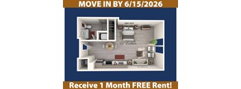 A poster advertising a free one month rent for a move in by 6/15/2026.