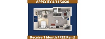 A poster advertising a free one month rent if you apply by 5/15/2026.
