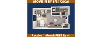 A promotional image for a move-in by August 31, 2026, offering a free one-month rent.