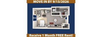 A promotional image for a move-in by September 15, 2026, offering a free one-month rent.