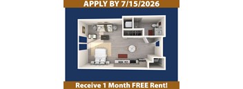 A poster advertising a free one month rent if you apply by 7/15/2026.