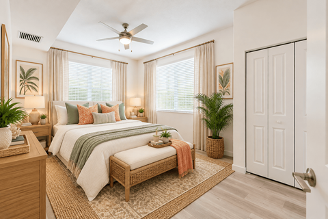 A bedroom with a bed, a bench, and a ceiling fan.
