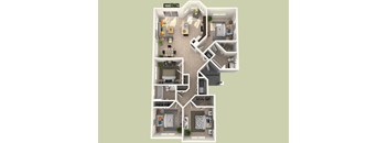 A detailed 3D floor plan of a multi-bedroom apartment.