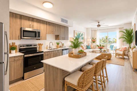 A modern kitchen with wooden cabinets and a large island.