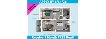 A flyer advertising a free month's rent for workforce housing, with a deadline to apply by August 31, 2026.
