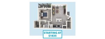 A 3D floor plan of a house with a kitchen, living room, and bedrooms.