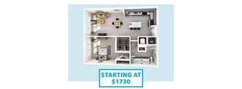 A 3D floor plan of an apartment with the text "STARTING AT $1730" displayed.