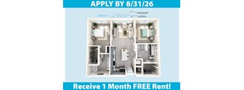 A poster advertising a 1 month free rent offer for a small apartment with a deadline to apply by 8/31/26.