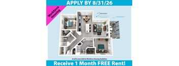 A poster advertising a free month's rent for workforce housing, with a deadline to apply by August 31, 2026.