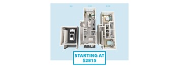A graphic shows the layout of a three-bedroom apartment starting at $2815.