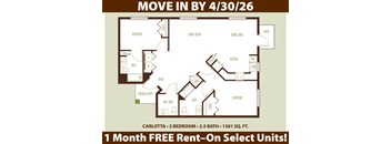 A floor plan for a 1381 square foot apartment in Charlotte advertises a free one month rent offer.