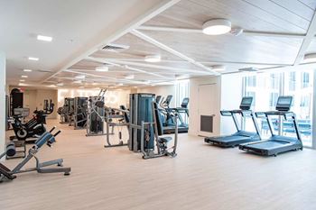 A spacious gym with a variety of equipment including treadmills, weights, and exercise machines.