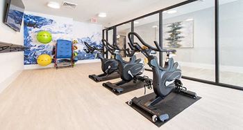 A gym with exercise bikes and a wall mural.
