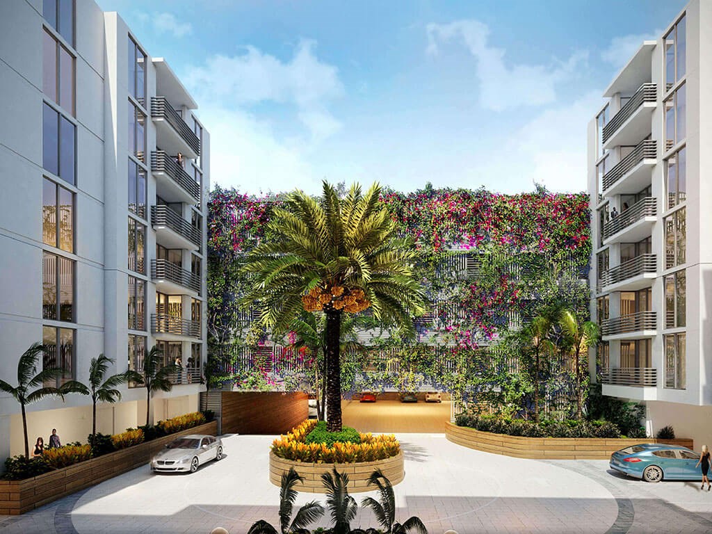 an artist rendering of a courtyard with a wall covered in flowers