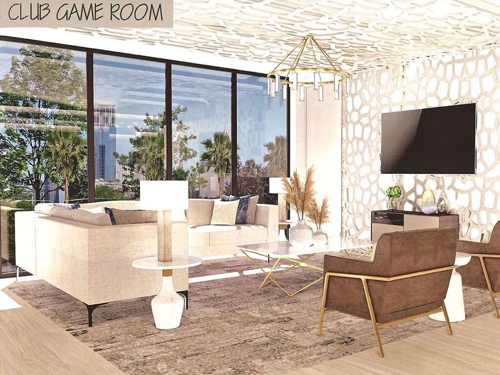 a rendering of a living room with furniture and a tv