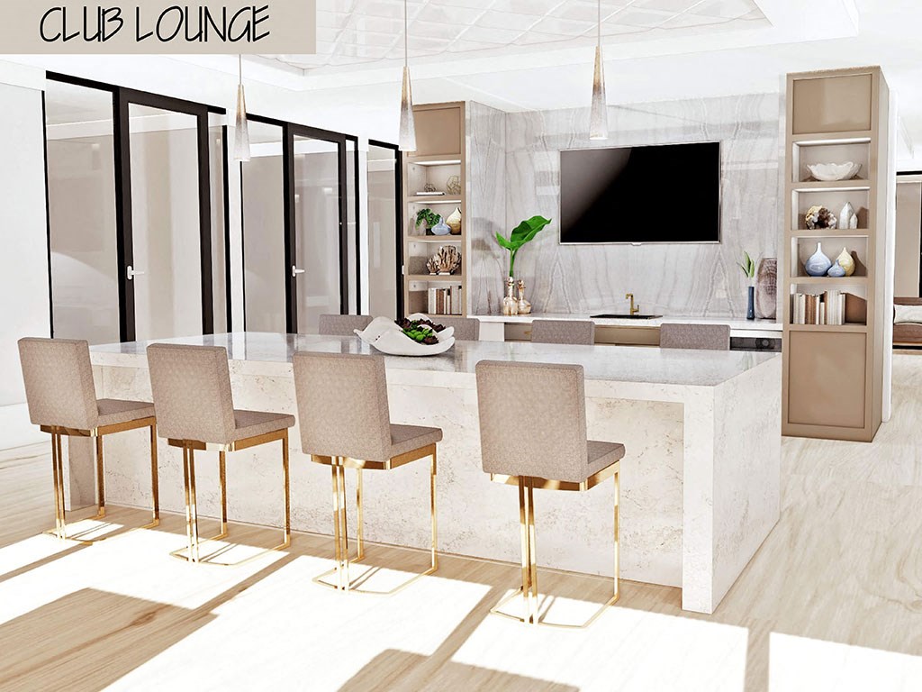 a rendering of a kitchen with a bar and chairs