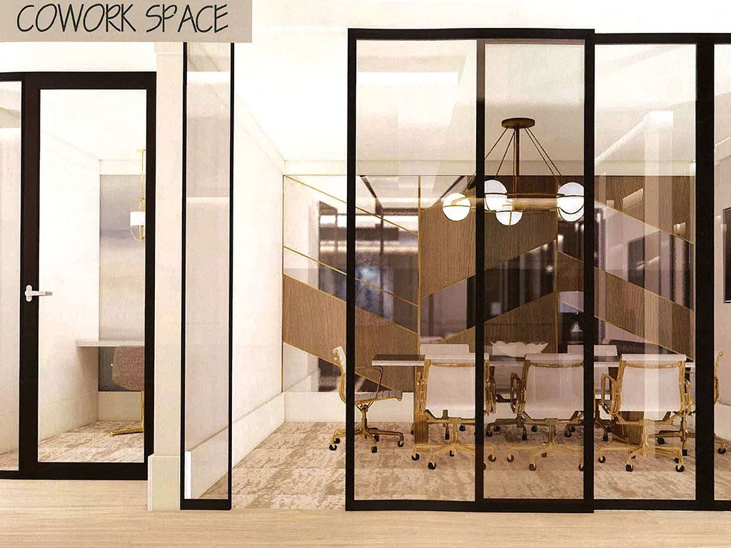 a conference room with glass doors and a table and chairs