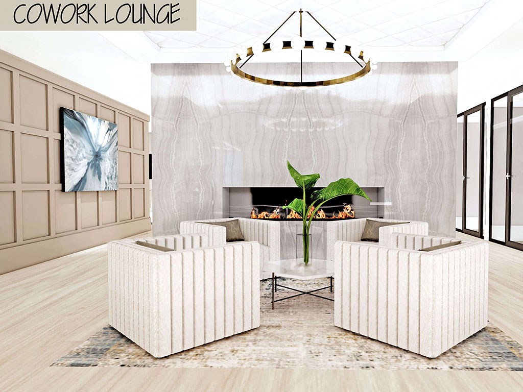 a living room with a white table and chairs and a fireplace