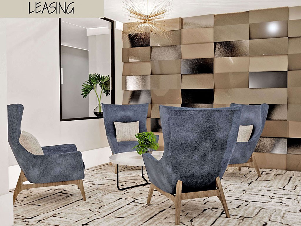 a dining room with blue chairs and a wall with a geometric design