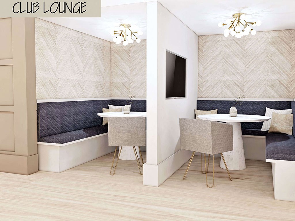 a rendering of a club lounge with tables and chairs