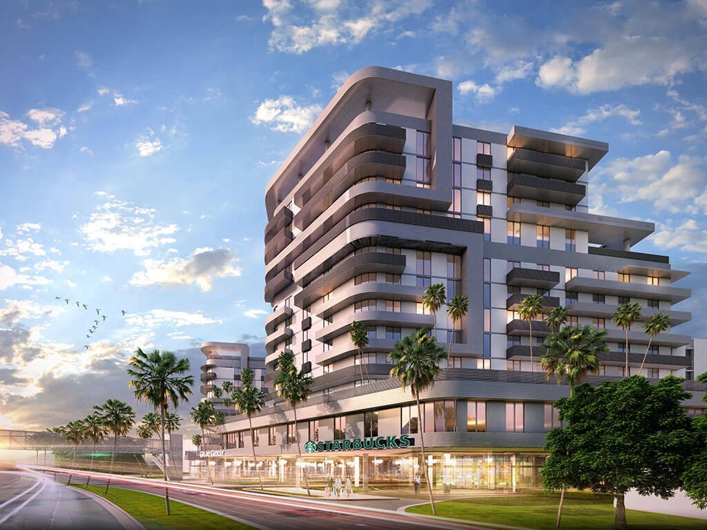 a rendering of a building with palm trees