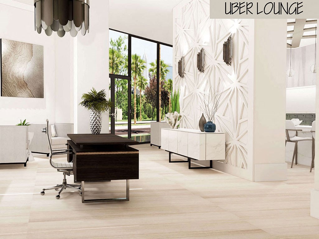 a modern living room with a piano and a wall mural