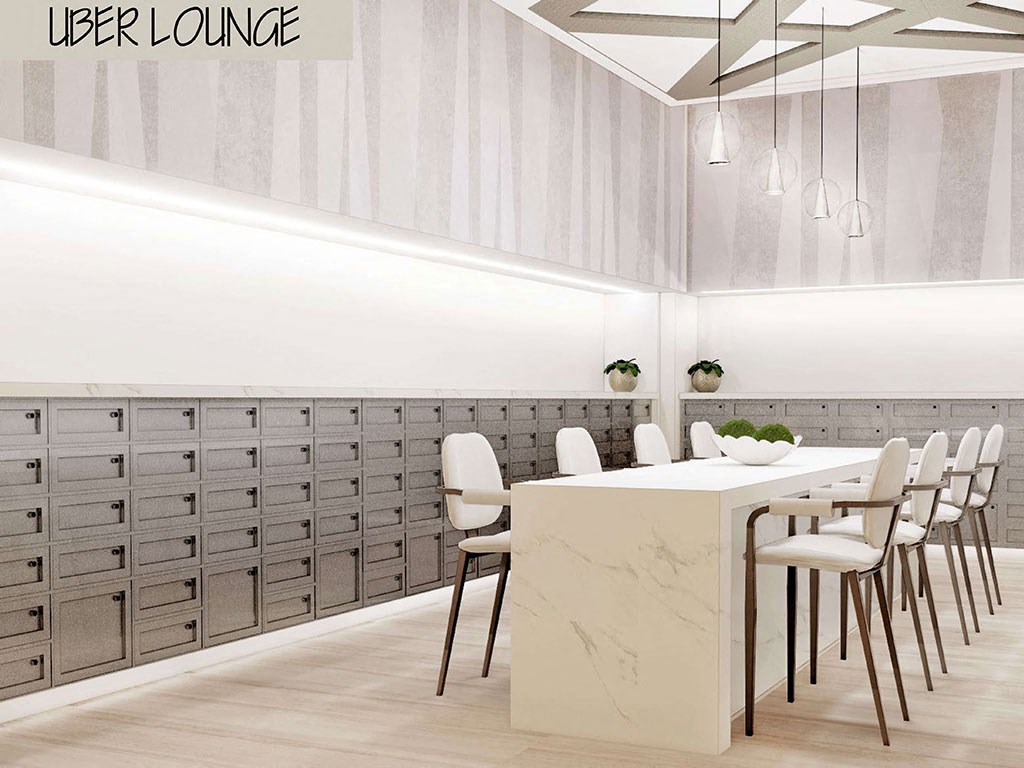 a modern white dining room with a long table and white chairs