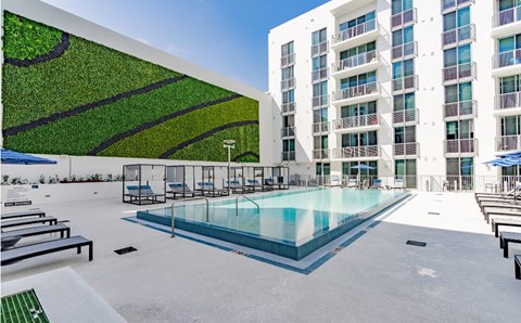 A pool area with a green wall and a white building in the background.