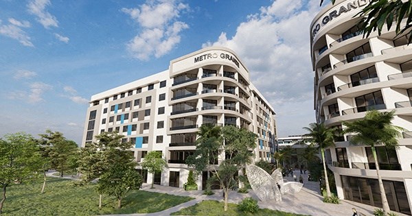 a rendering of a large building with trees and a pathway in front of it