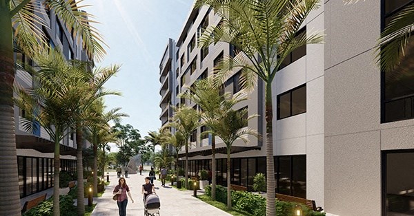 a rendering of a city street with palm trees and buildings